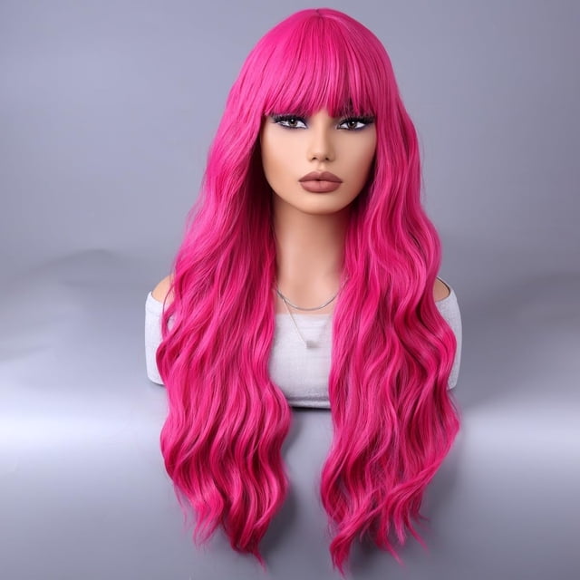 Red Wavey Color Hot Pink Wigs for Women Long Curly Wavy Neon Pink Wig with Bangs Rose ...