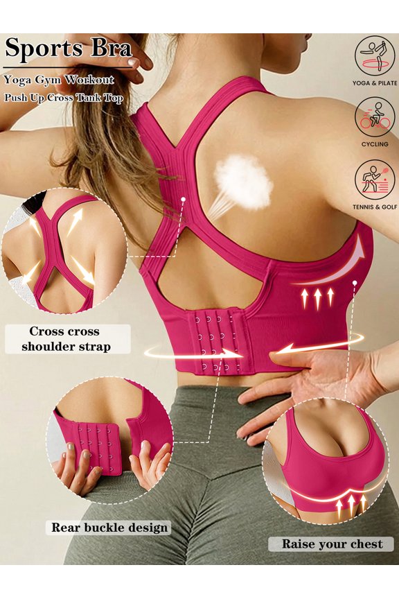 Hot Pink Wire-Free Sports Bra With Cross-Back Straps, Rear Buckle & Push-Up Support