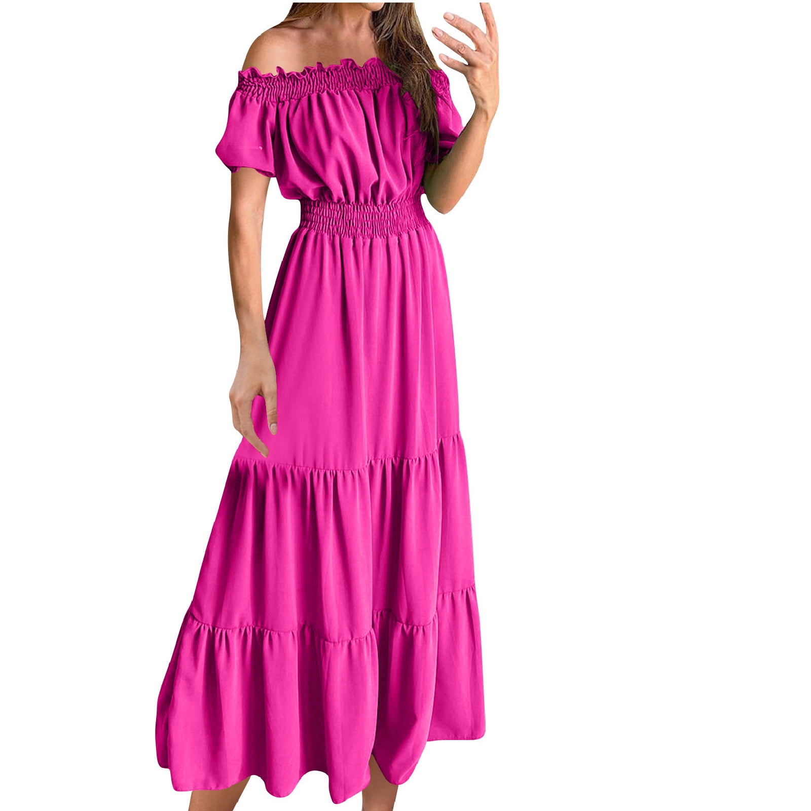 Women One Shoulder Simple Pleat Evening Dress Pink Celebrity Party Maxi Sexy Slash Neck Long Dress