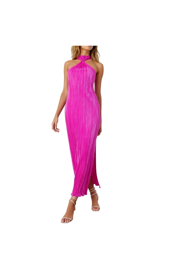 Hot Pink Women Formal Date Night Gowns Evening Sleeveless Dresses Homecoming Dresses for Women Crewneck Backless Halter Strap Maxi Ruched Crochet Striped Slit Dresses L