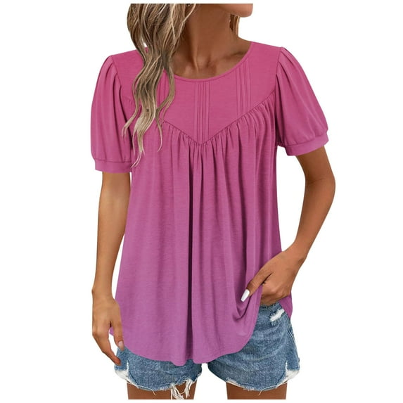 Hot Pink Women Gradient Loose Fit Tops Crewneck Spandex Blouses for Women Short Sleeve Casual Ruched Plain Summer Fall Shirts 2025 Clothes Country Concert Y2K XL
