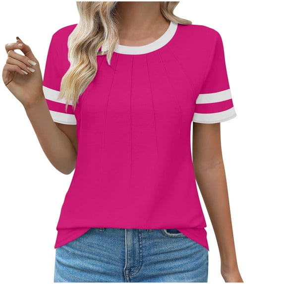 Hot Pink Women Lounge Tshirts Short Sleeve Tee Tops for Women Crew Neck Spandex Color Block Loose Fit Ruched Basic Summer Fall Tee Shirt 2025 Clothing XXL
