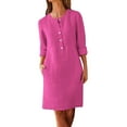thumbnail image 1 of Hot Pink Women Plain Midi Knee Length Dresses for Women Long Short 1/2 Sleeve Crew Neck Faux Linen Summer Fall Dresses Button 2025 Soft Comfy Clothes Regular Fit M, 1 of 5