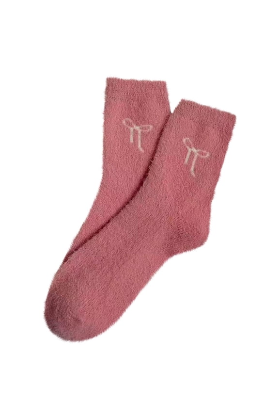 Hot Pink Womens Bow Socks In Faux Mink Fabric For Cozy Wear And Leisure With Free Size Suggest Foot Length 22-25 Cm