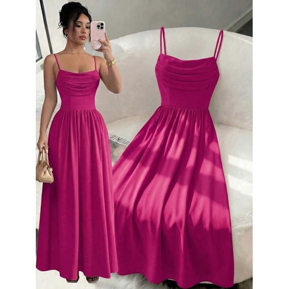 Hot Pink Womens Elegant Spaghetti Strap Ruched Waist Flowing Maxi Dress For Wedding Guest Or Formal Occasion