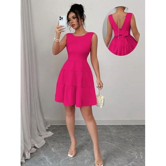 Hot Pink Womens Round Neck Sleeveless Backless Bowknot Tiered Flare Mini Dress