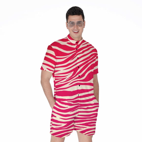 Hot Pink Zebra Pattern Short Sleeve Men'S Rompers Casual Summer Jumpsuits Outfit