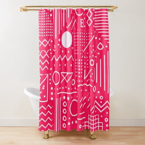Hot Pink and White Geometric Doodle Shower Curtain, 100% Polyester, Zigzags, Circles and Stripes