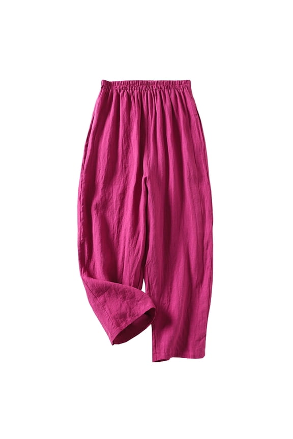 Hot Pink for Women Fall Summer Faux Linen Loose Fit Brunch Flare Bell Bottom Elastic Waist Plain Bootcut Leg Trousers Pants Womens 2026 Clothing XL