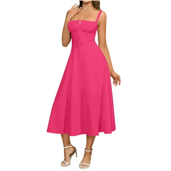 Hot Pink for Women Summer Fall Slip Vneck Spandex Long Casual Ruched with Slit Tie Knot Paperbag Dress Ladies 2026 Clothes Trendy L