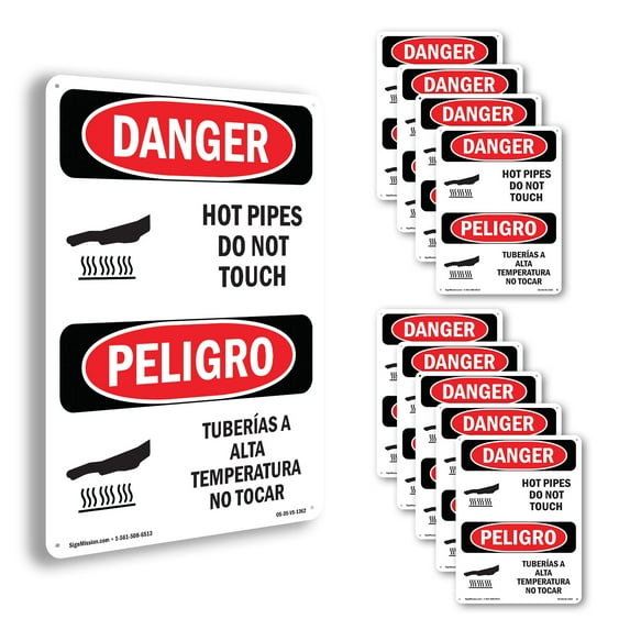 Hot Pipes Do Not Touch Bilingual OSHA Danger Aluminum Sign 24 Inch x 18 Inch - 10 Pack