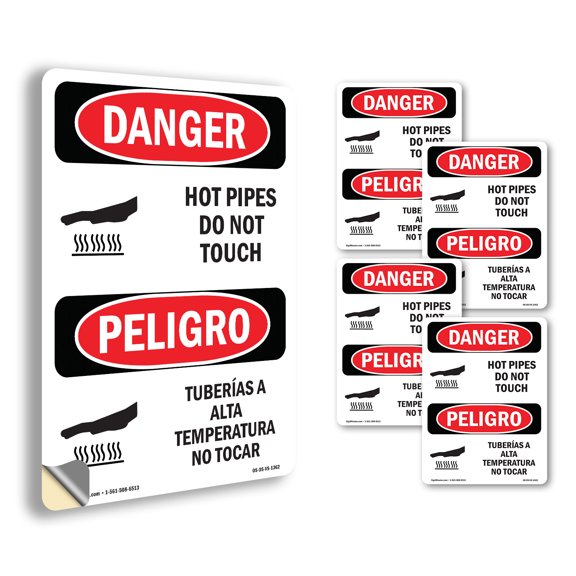 Hot Pipes Do Not Touch Bilingual OSHA Danger Vinyl Decal Label 5 Inch x 3.5 Inch - 5 Pack