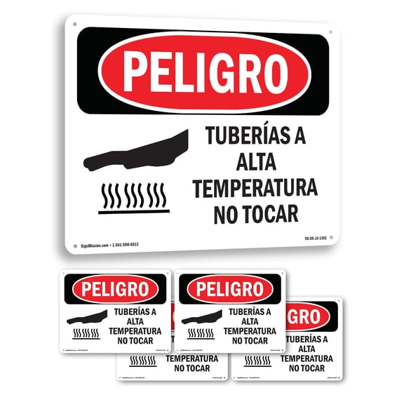 Hot Pipes Do Not Touch Spanish OSHA Danger Rigid Plastic Sign 18 Inch x 12 Inch - 5 Pack