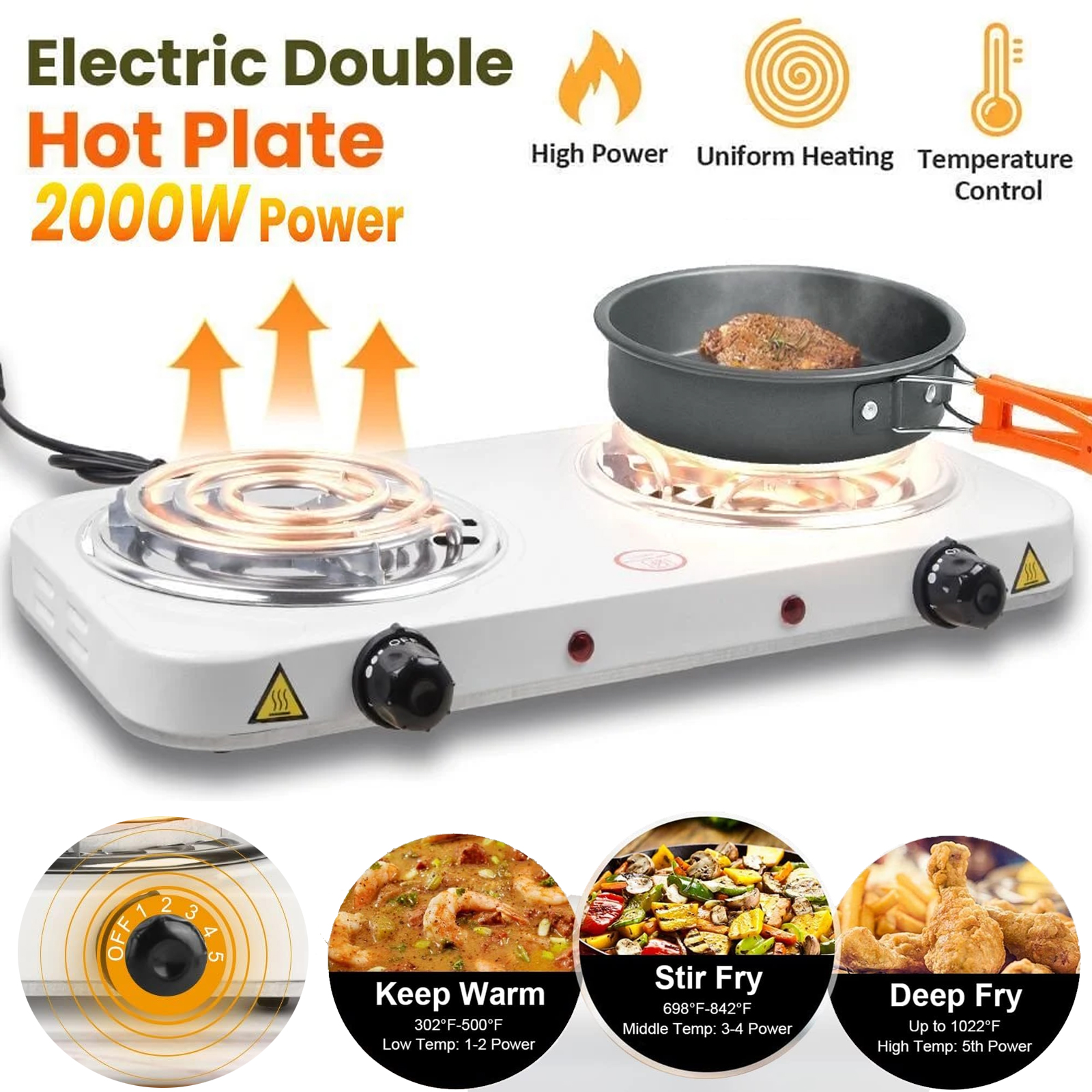 Hot Plate, 2000W Portable Electric Stove for Cooking with 5 Levels Adjustable Temperature & Dual Control, Countertop Double Coil Burner Cast Iron Cooktop for All Cookwares Home Camp RV (White)