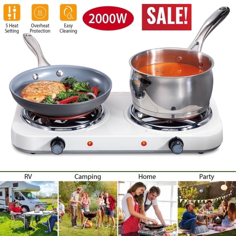 Hot Plate, 2000W Countertop Burners,Portable Double-Coil Electric Stove for Cooking with 5 Levels Adjustable Temperature & Dual Control, for All Cookwares Home Camp RV (White)