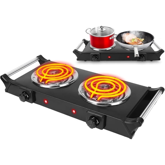 Hot Plate, 2000W Portable Electric Stove for Cooking with Stay Cool Handles & 5 Levels Adjustable Temperature, Countertop Double Coil Burner for Home Camp RV,Compatible for All Cookwares,Black
