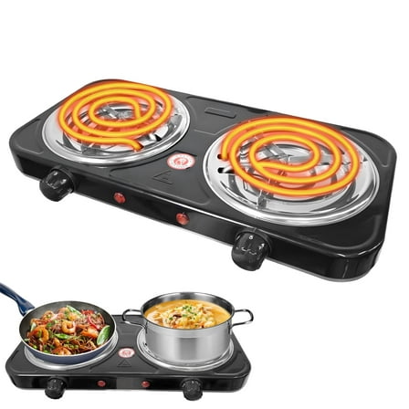 Hot Plate,Double Burner, 2000W Electric Stove Burner with 5 Levels Temperature Control, Countertop Double Coil Burner Cast Iron Cooktop for All Cookwares Home Camp RV