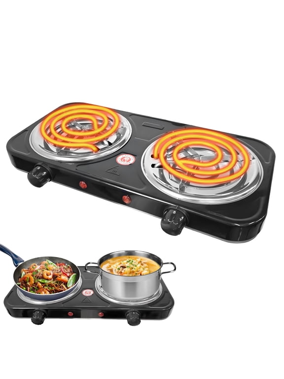Hot Plate,Double Burner, 2000W Electric Stove Burner with 5 Levels Temperature Control, Countertop Double Coil Burner Cast Iron Cooktop for All Cookwares Home Camp RV