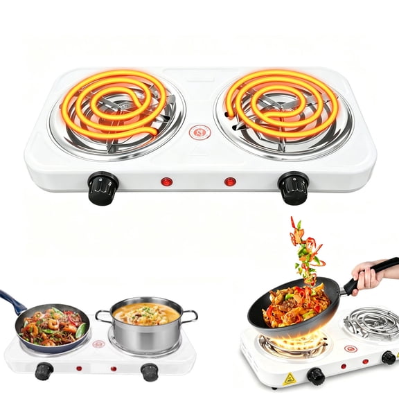 Hot Plate,Double Burner, 2000W Electric Stove Burner with 5 Levels Temperature Control, Countertop Double Coil Burner Cast Iron Cooktop for All Cookwares Home Camp RV White
