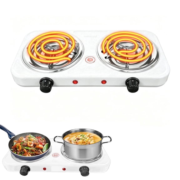 Hot Plate,Double Burner, 2000W Electric Stove Burner with 5 Levels Temperature Control, Countertop Double Coil Burner Cast Iron Cooktop for All Cookwares Home Camp RV White