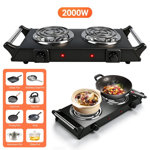 Hot Plate, Electric Stove for Cooking, 2000W Countertop Double Burner with Adjustable Temperature and Handles, and Handle,Cooktop for RV/Home/Camp, Compatible for All Cookwares