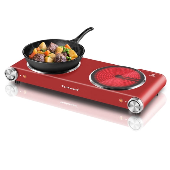 Hot Plate, Techwood 1800W Dual Electric Stoves, Countertop Double Burner for Cooking, Infrared Ceramic Hot Plates Double Cooktop, Red, Brushed Stainless Steel Easy To Clean Upgraded Version, Red Y101