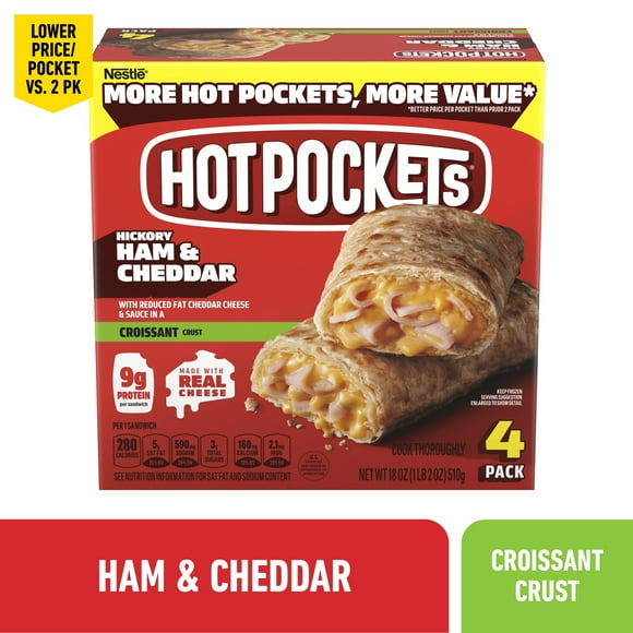 Hot Pockets Ham and Cheddar Croissant Crust, Air Fryer Sandwich Snacks, 18 oz, 4 Pack (Frozen)