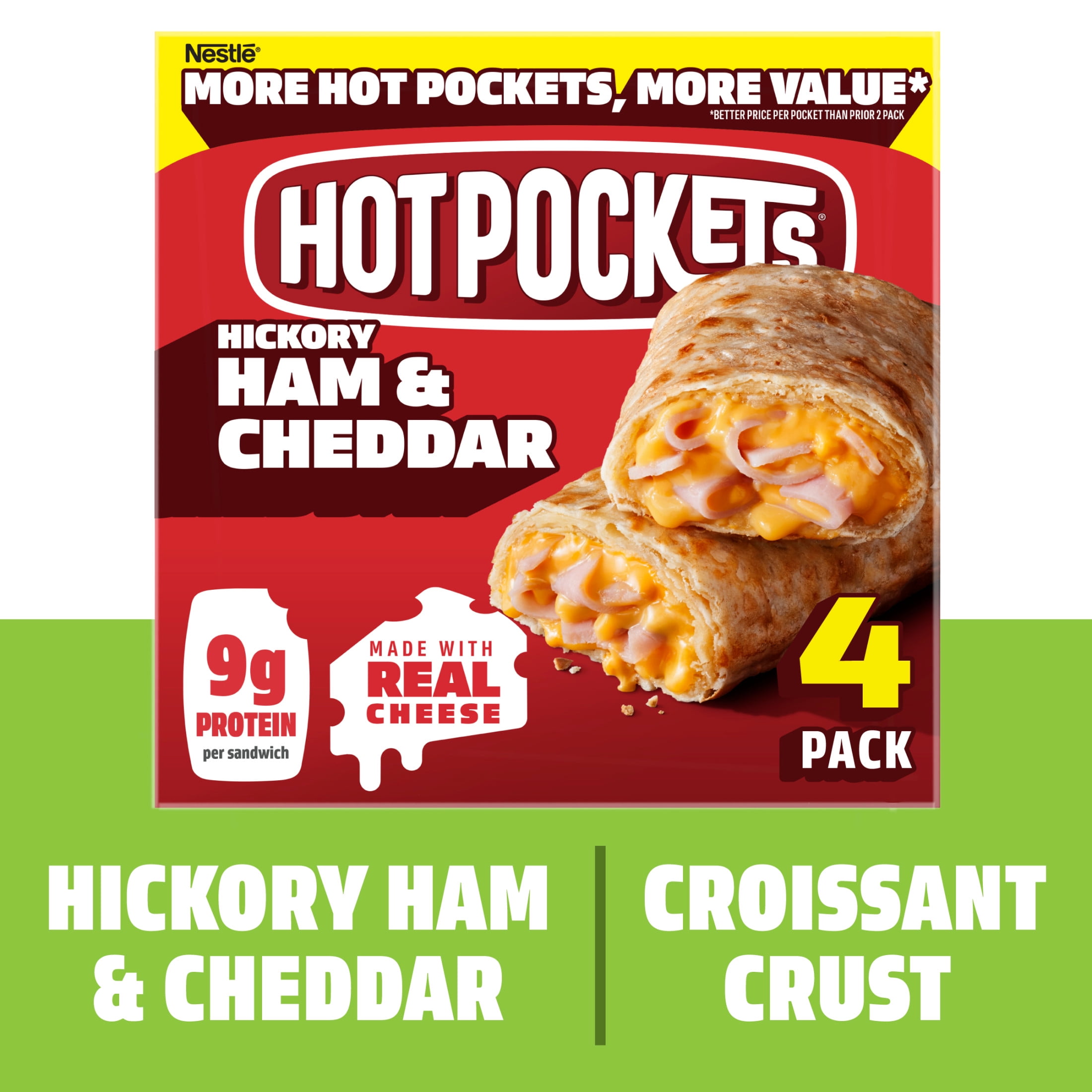 Hot Pockets Ham and Cheddar Croissant Crust, Air Fryer Sandwich Snacks, 18 oz, 4 Pack (Frozen)