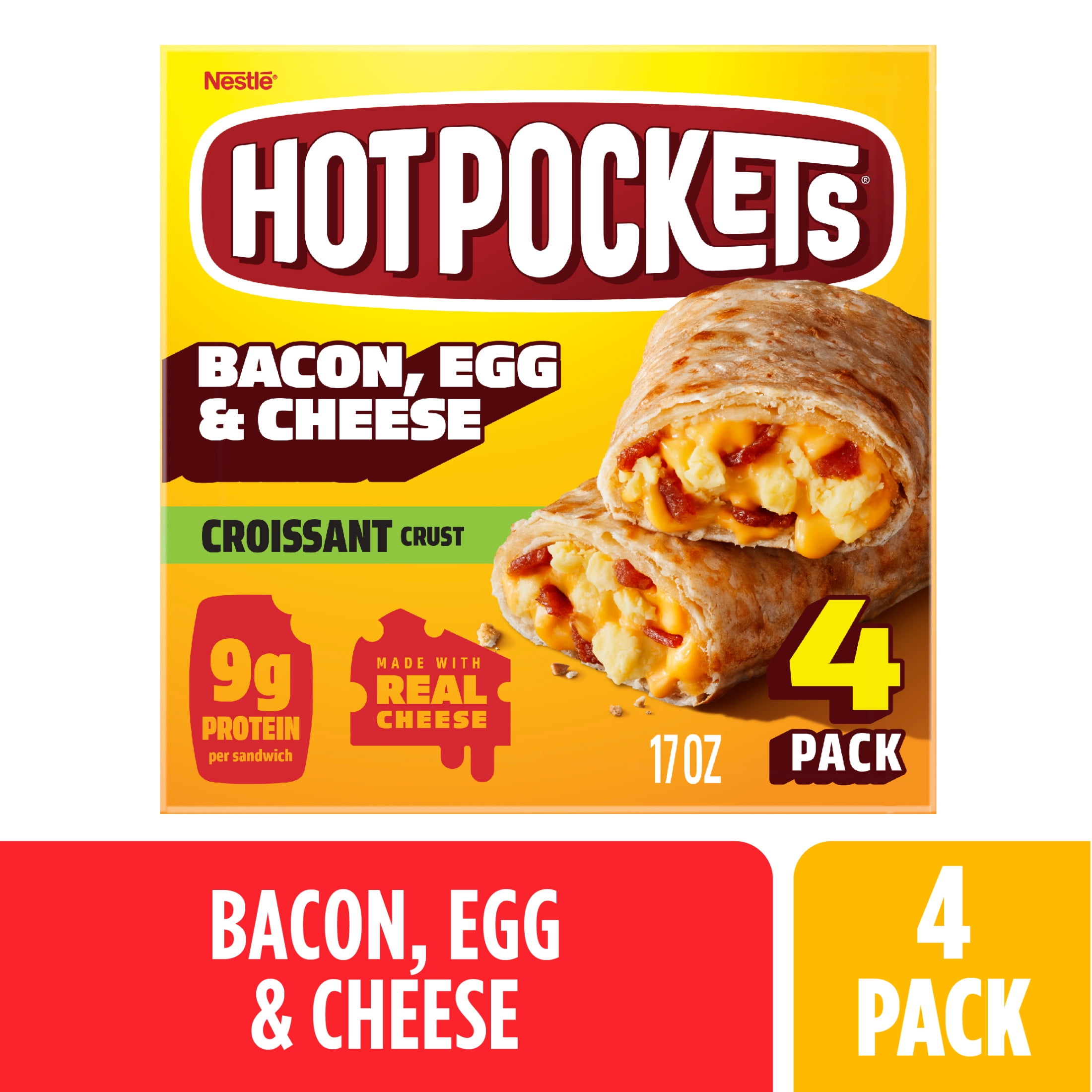 Hot Pockets Bacon Egg and Cheese, Frozen Snacks, Air Fryer Snacks, 9g Protein, 4PK 17 oz
