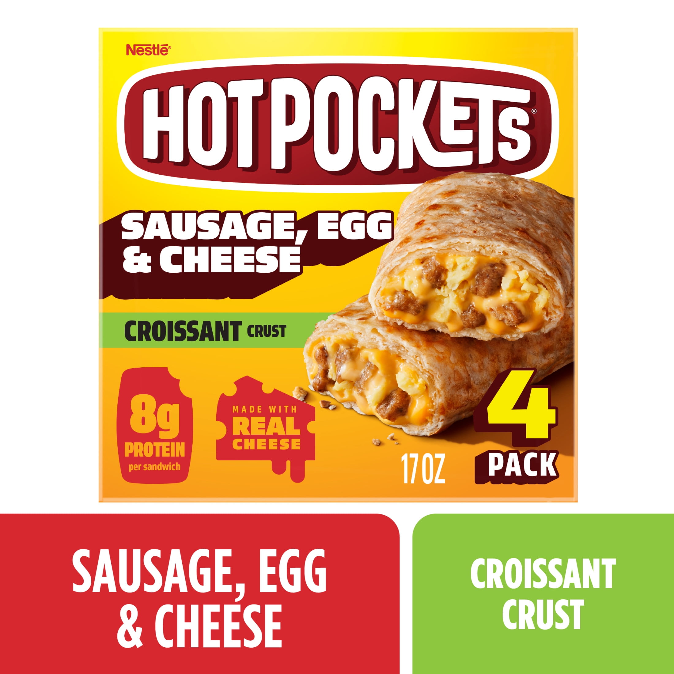 Hot Pockets Frozen Breakfast Sandwich, Sausage Egg and Cheese, Croissant Crust, 8g of Protein per Sandwich, 17 oz, 4 Pack (Frozen)