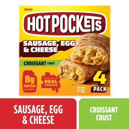 Hot Pockets Frozen Breakfast Sandwich, Sausage Egg and Cheese, Croissant Crust, 8g of Protein per Sandwich, 17 oz, 4 Pack (Frozen)