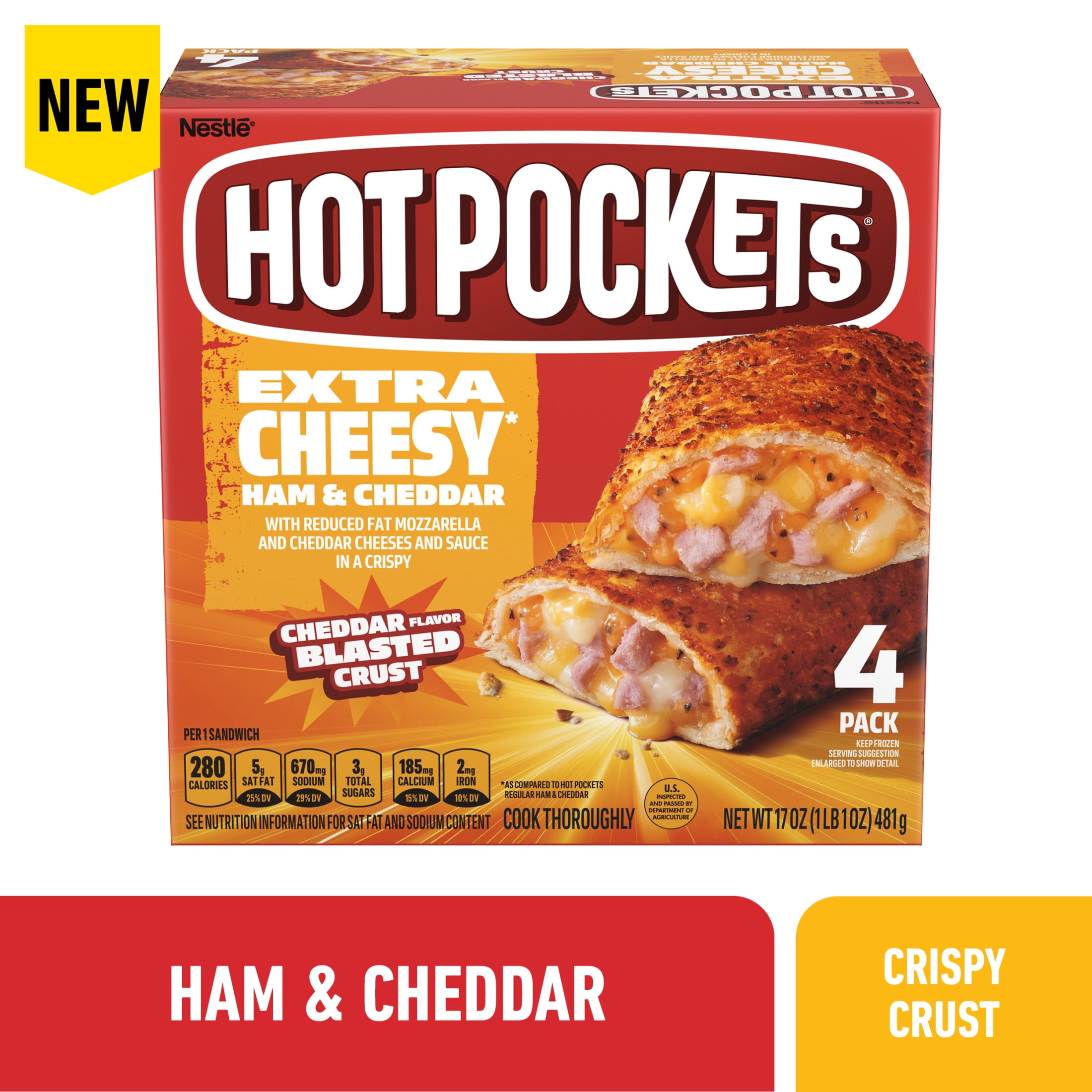 Hot Pockets Extra Cheese Ham and Cheddar, Air Fryer Snacks, Frozen Sandwiches, 17 oz, 4 Pack (Frozen)