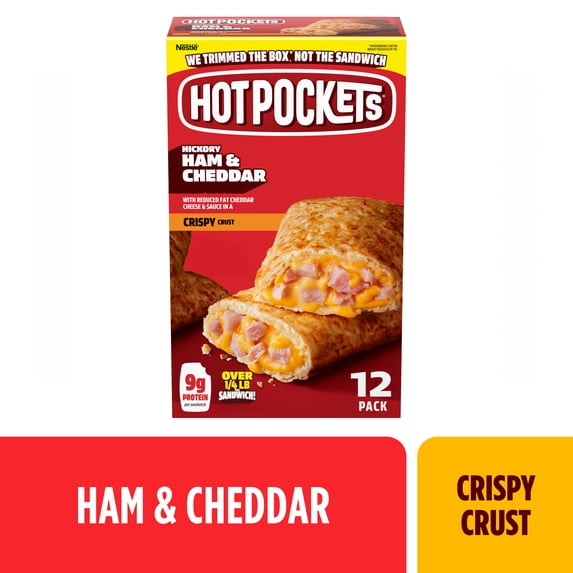 Hot Pockets Frozen Snacks Hickory Ham and Cheddar Cheese Crispy Crust Sandwich, 54 oz, 12 Pack (Frozen)
