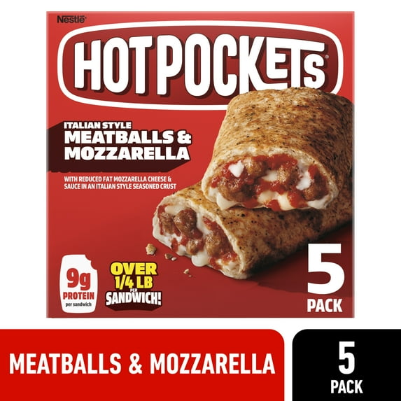 Hot Pockets Frozen Snacks Italian Style Meatballs and Mozzarella Garlic Buttery Crust Sandwiches, 22.5 oz, 5 Count Box (Frozen)