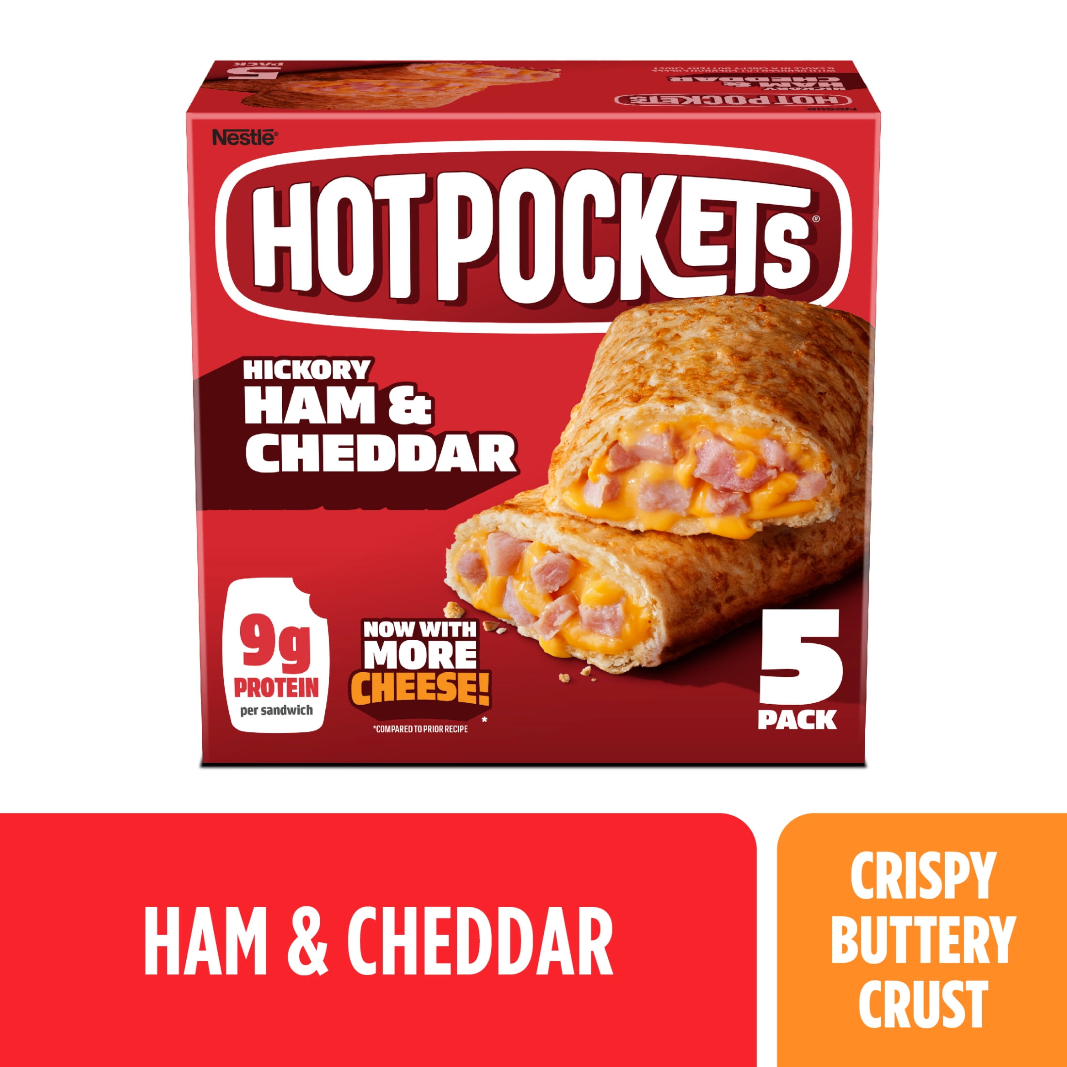 Hot Pockets Hickory Ham and Cheddar, Crispy Buttery Crust, Frozen Snack, 5 Pack 22.5 oz