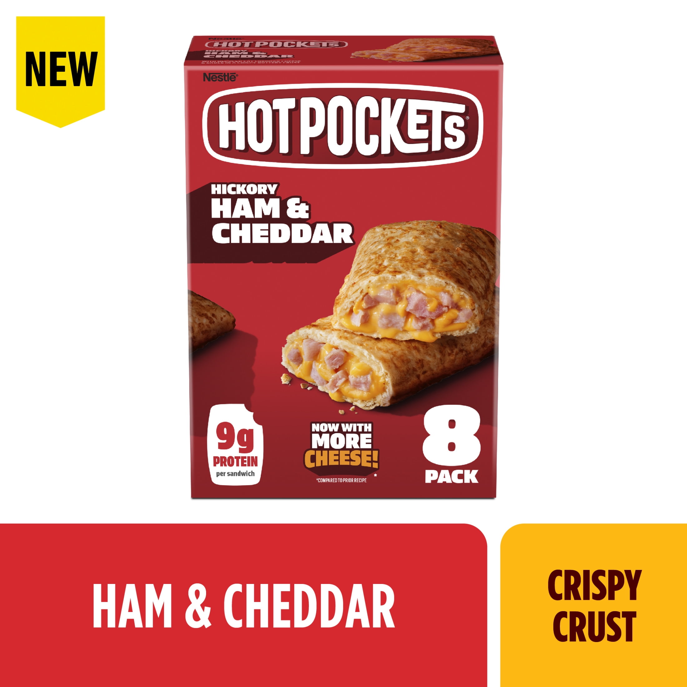 Hot Pockets Hickory Ham and Cheddar, Crispy Buttery Crust Sandwich Snacks, 36 oz, 8 Pack (Frozen)