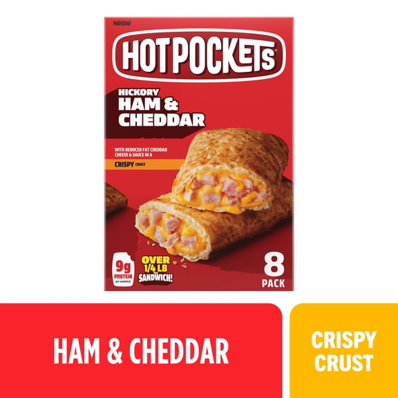 Hot Pockets Hickory Ham and Cheddar, Crispy Buttery Crust Sandwich Snacks, 36 oz, 8 Pack (Frozen)