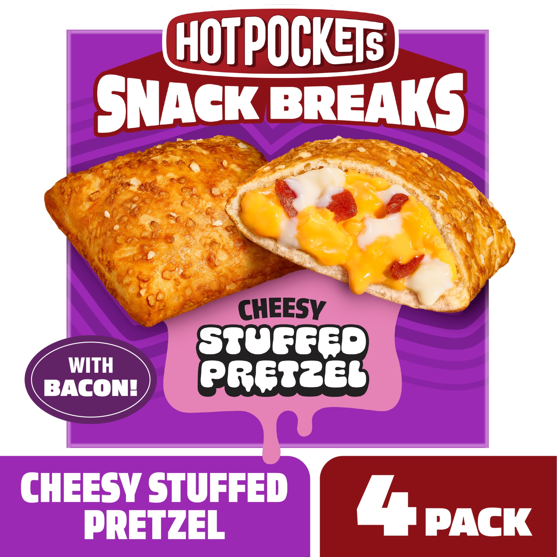 Hot Pockets Snack Breaks Cheesy Stuffed Pretzel Crust, Bacon & Cheese Snacks, 4 pack, 1 lb Box (Frozen)