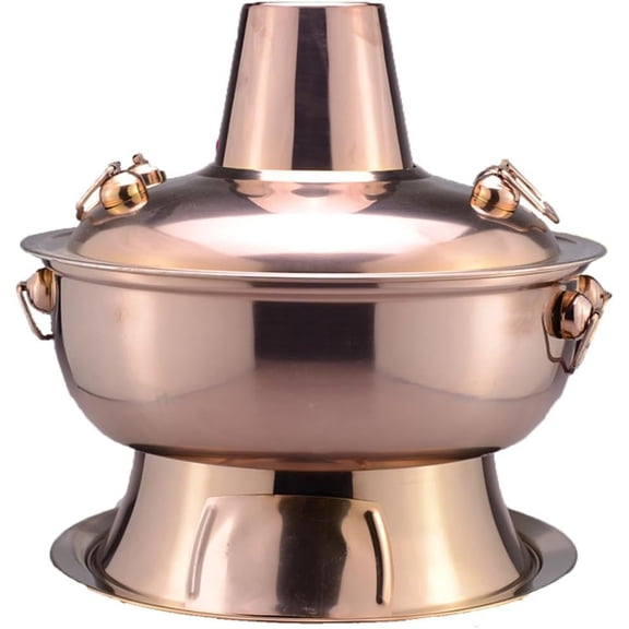Hot Pot, Chinese Charcoal Hotpot, Extra Thick Stainless Steel Stew Pan, Vintage Hot Pot with Chimney Shabu Shabu Hotpot for Family Dinners and Stewed Lamb Camping,Brass,30cm/11.8inch