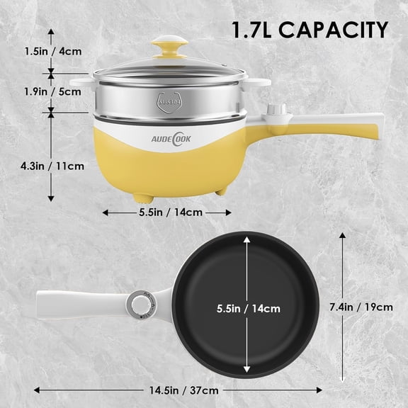Hot Pot Electric, 1.7L Mini Electric Skillet Portable Nonstick Sauté Pan with Power Adjustment, Ramen Cooker Travel Multicooker for Steak/Soup/Egg/Oatmeal/Noodles (Tongs for Cooking Included)
