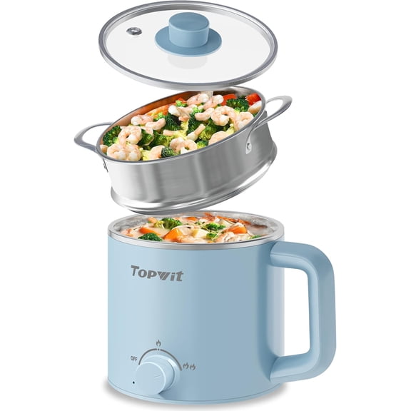 Hot Pot Electric with Steamer, 1.6L Ramen Cooker, Electric Pot for Pasta, Shabu-Shabu, Oatmeal, Soup and Egg, Portable Cooker with Dual Power Control, Dorm Room Essentials, Blue