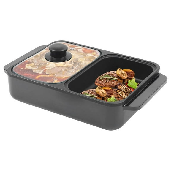 Hot Pot with Grill,2 in 1 Indoor Non-Stick Electric Hot Pot and Frying Pan,Independent Temperature Control,Portable Multifunctional Smokeless Korean BBQ Grill for 1-2 People (Black)