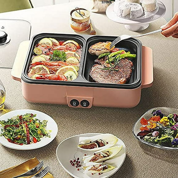 Hot Pot with Grill,2 in 1 Indoor Non-Stick Electric Hot Pot and Frying Pan,Independent Temperature Control,Portable Multifunctional Smokeless Korean BBQ Grill for Indoor Outdoor Pa