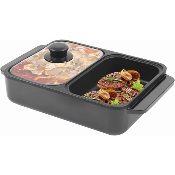 Hot Pot with Grill,2 in 1 Indoor Non-Stick Electric Hot Pot and Frying Pan, Temperature Control,Portable Multifunctional  Korean BBQ Grill for 1-2 People (Black)