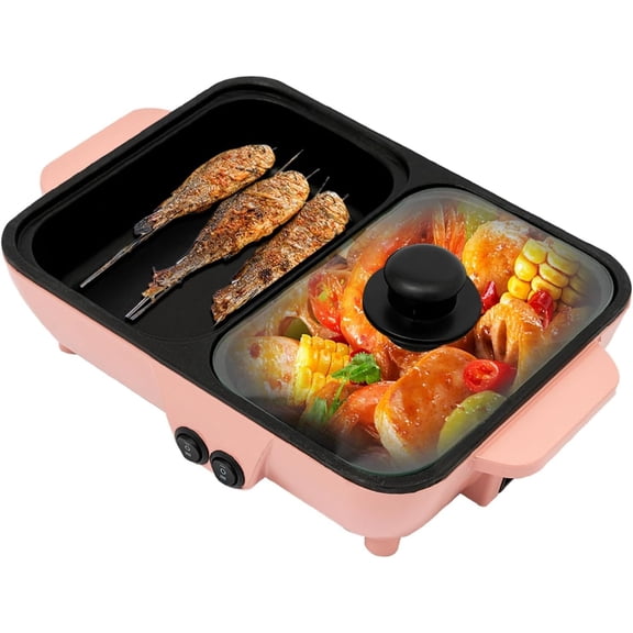 Hot Pot with Grill, Non-Stick Electric Hot Pot, 2in1 Electric Hot Pot and Frying Pan with Temperature Control, Portable Multifunctional Korean BBQ Grill ()