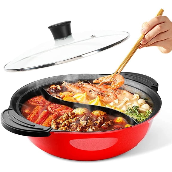 Hot Pot with Divider for Induction Cooker Dual Sided Soup Cookware Two-flavor Chinese Shabu Shabu Pot for Home Party Family Gathering, 4.5 Quart