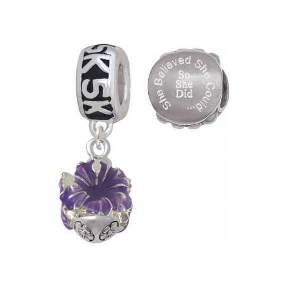 Hot Purple Hibiscus Flowers Spinner 5K Run She Believed She Could Charm Beads (Set of 2)