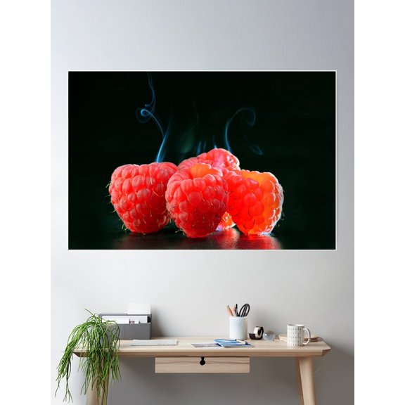 Hot Raspberries Fruits Art Gallery Image Poster Wall Art, Modern Wall Decor For Living Room Bedroom, 24x36 UNFRAMED
