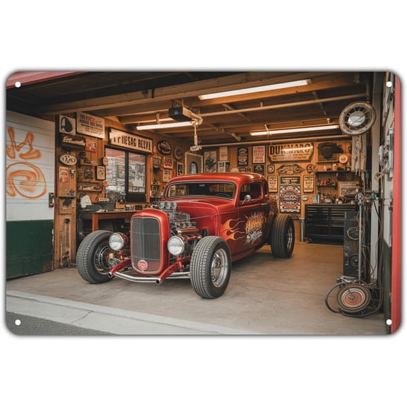 Hot Rod Car tin sign Vintage Garage Automotive Metal Sign Print Aesthetic for Garden Yard Bar Porch Home Bedroom Kitchen Wall Decor Decor Gift 8 x 12 inch