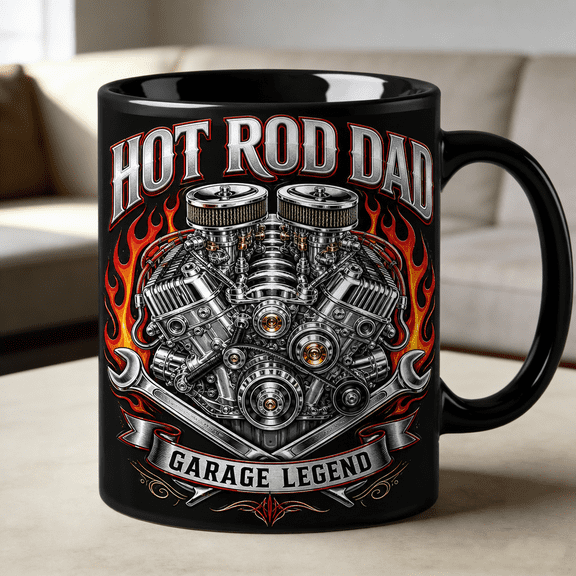 Hot Rod Dad Accent Mug, Chrome Engine Flames Coffee Mug, Father’s Day Gift for Dad